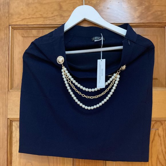 NWT Navy Blue Skirt With Gorgeous Pearl Embellishments & Gold Buttons US Size 6 - Picture 2 of 4